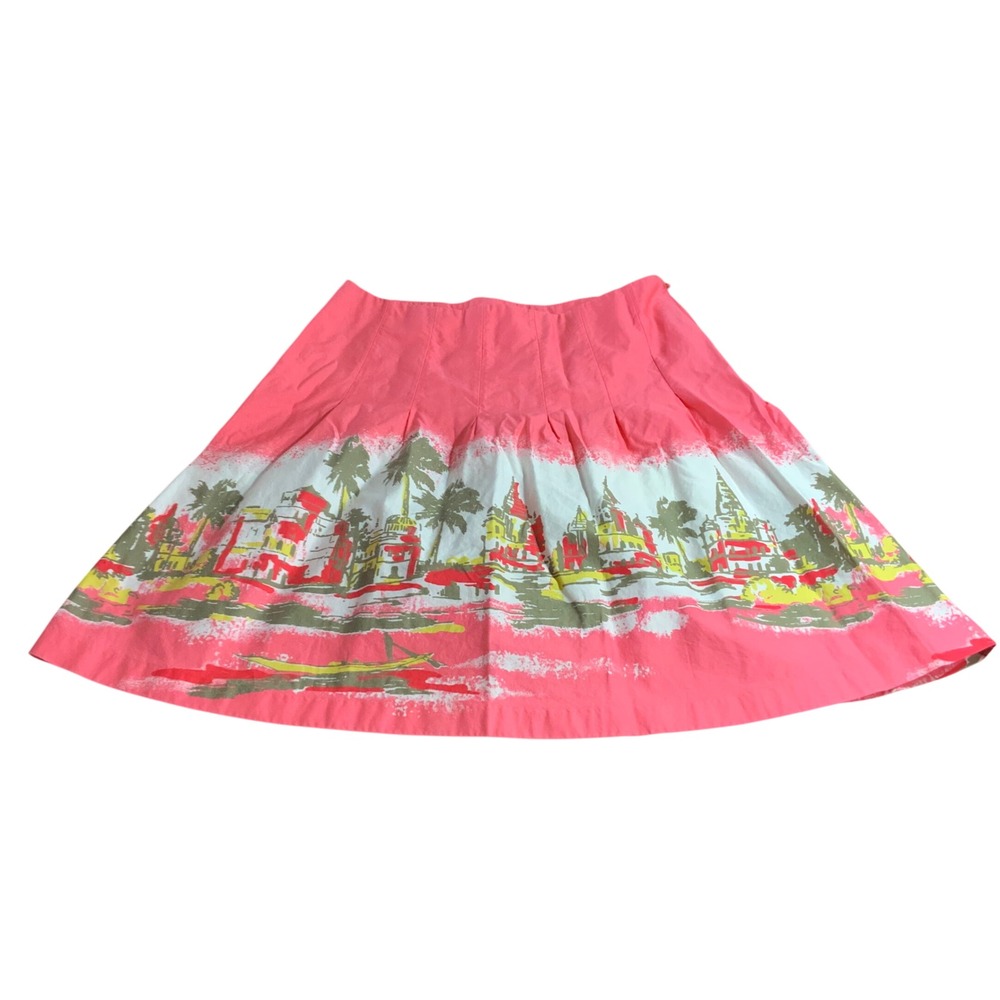 Pleated Flare Mini Skirt Pink and White City Themed Print size 1